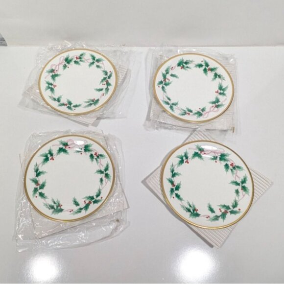 Mikasa Ribbon Holly Salad Plates Set Of 4 With Box Fine China Christmas Design - Picture 3 of 16
